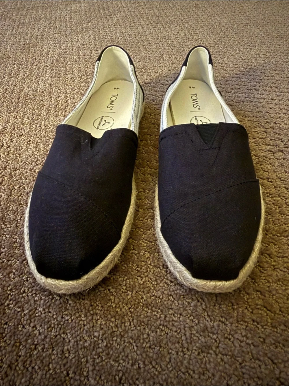 Toms Womens Black and White Striped Canvas Espadrille Slip-Ons